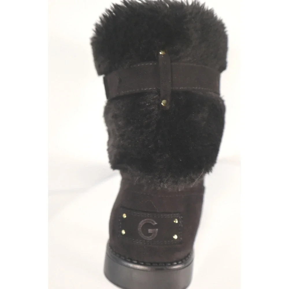 GUESS Black Faux Suede Fur Trim Rhinestone Logo‎ Mid-Calf Boots Size 10W